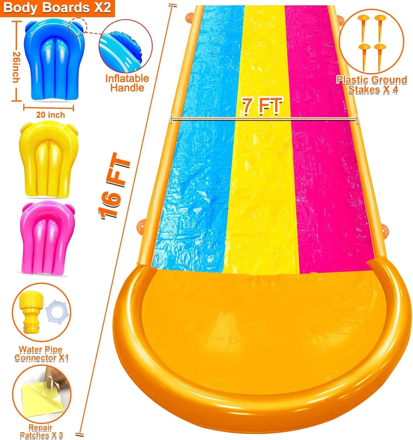 [ 3 Sided Safe Fence ] Extra Width Triple Slip Water Slide with 3-Way Sprinklers, Backyard Lawn Water Slides and 3 Bodyboards wi