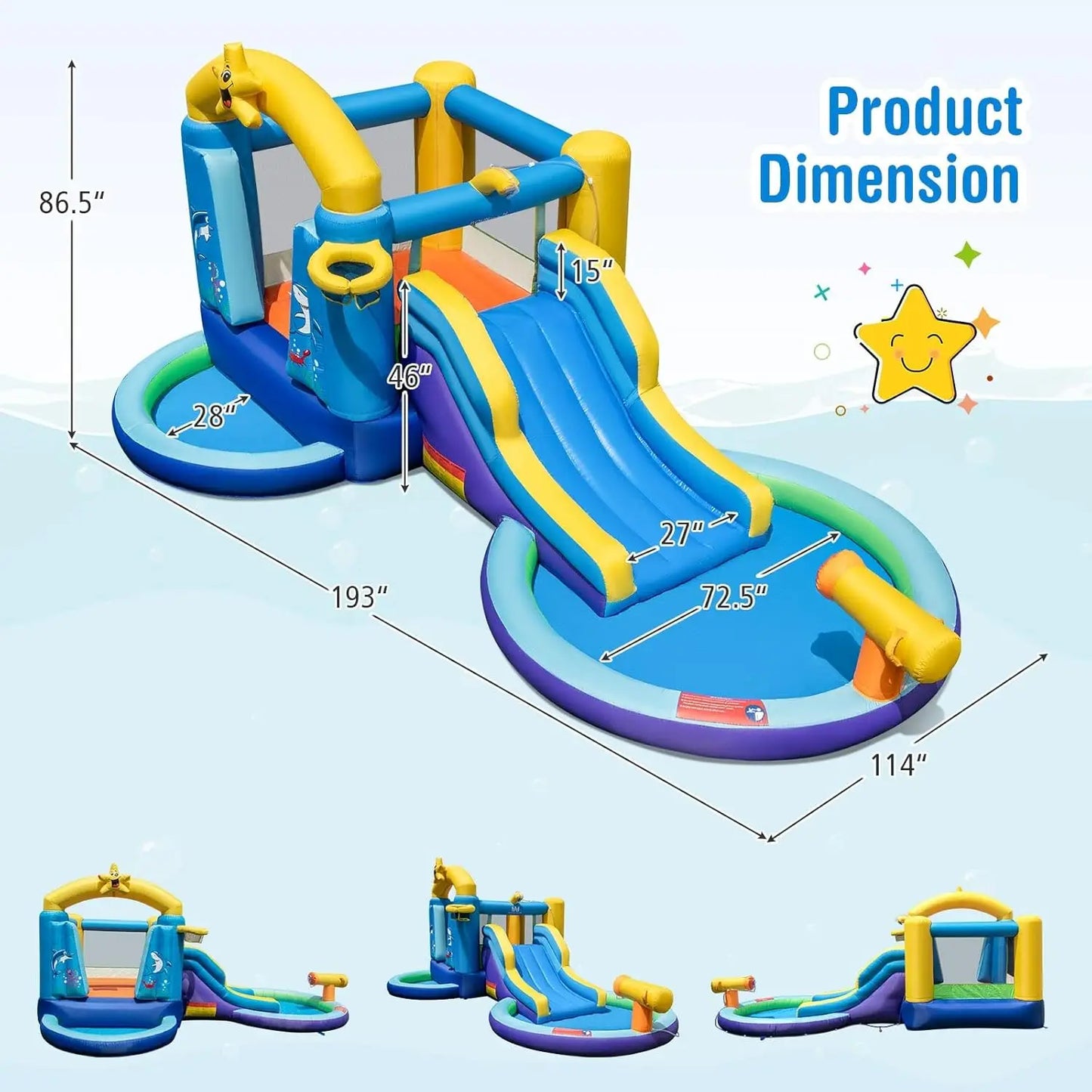 Inflatable Water Slide, Water Bounce House with Waterslide & Ball Pit Wet Dry for Kids Indoor Outdoor Party Family with 735w Blo