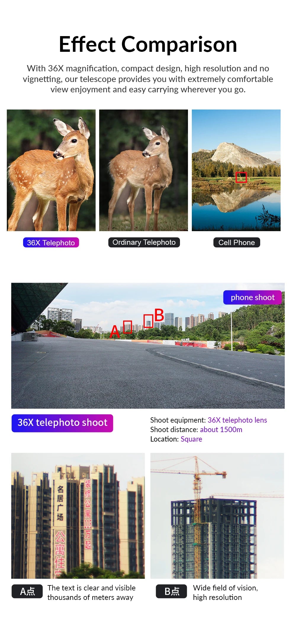 APEXEL 36X Metal Telephoto Lens with Tripod Zoom Telescope Monocular  for iPhone Samsung Shooting Birds Watching Concert Sports