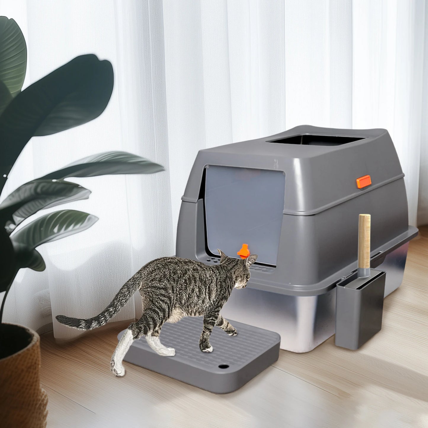 Bingopaw Cat Litter Box with Lid, Enclosed Potty, Large Top Entry Anti-Splashing Toilet, Easy to Clean Including Litter Scoop