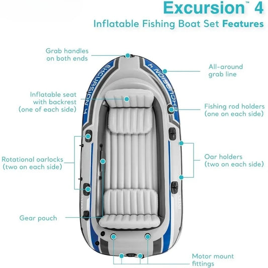 Garden  68324EP Excursion 4 Inflatable Boat Set: Includes Deluxe 54in Boat Oars And High-Output Pump – Adjustable Seats