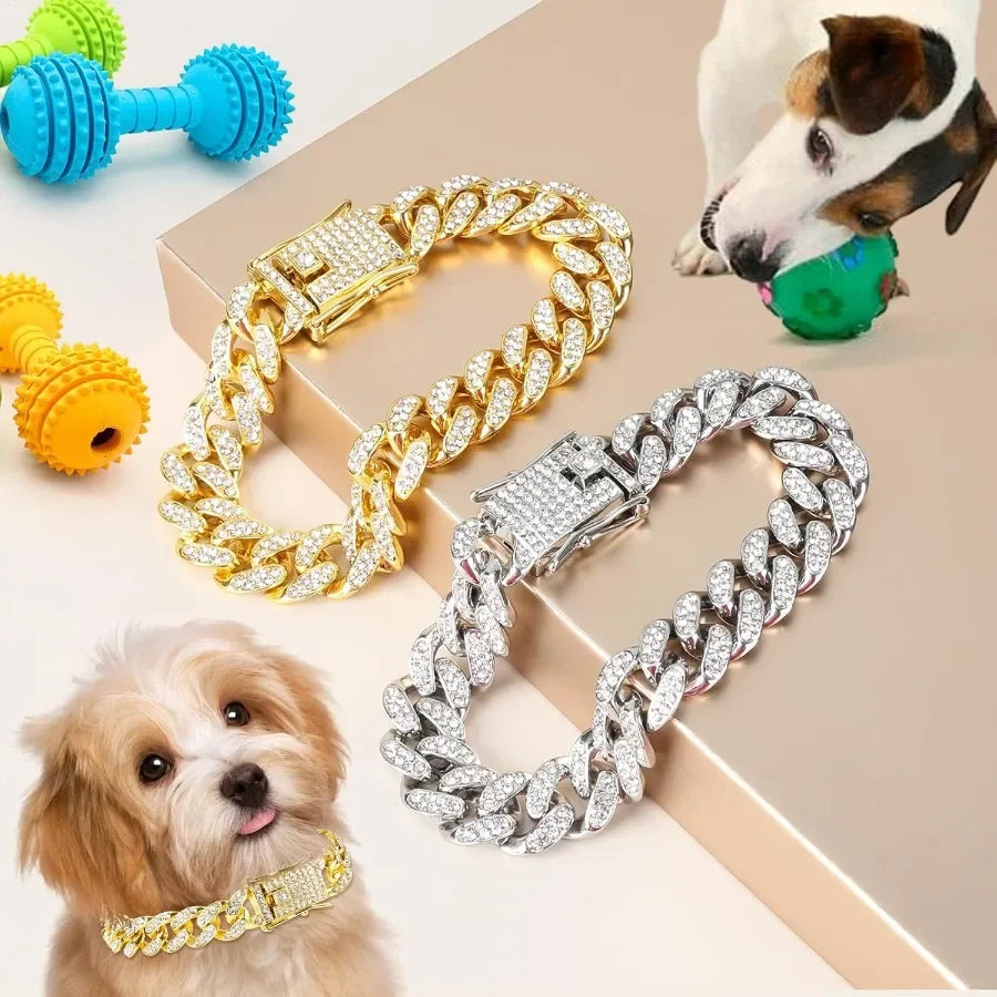 2 Pcs Dog Chain Collar Diamond Metal Dogs Chain Cuban Link Dog Necklace 12mm Wide with Secure Buckle Pet Collar Jewelry Accesso