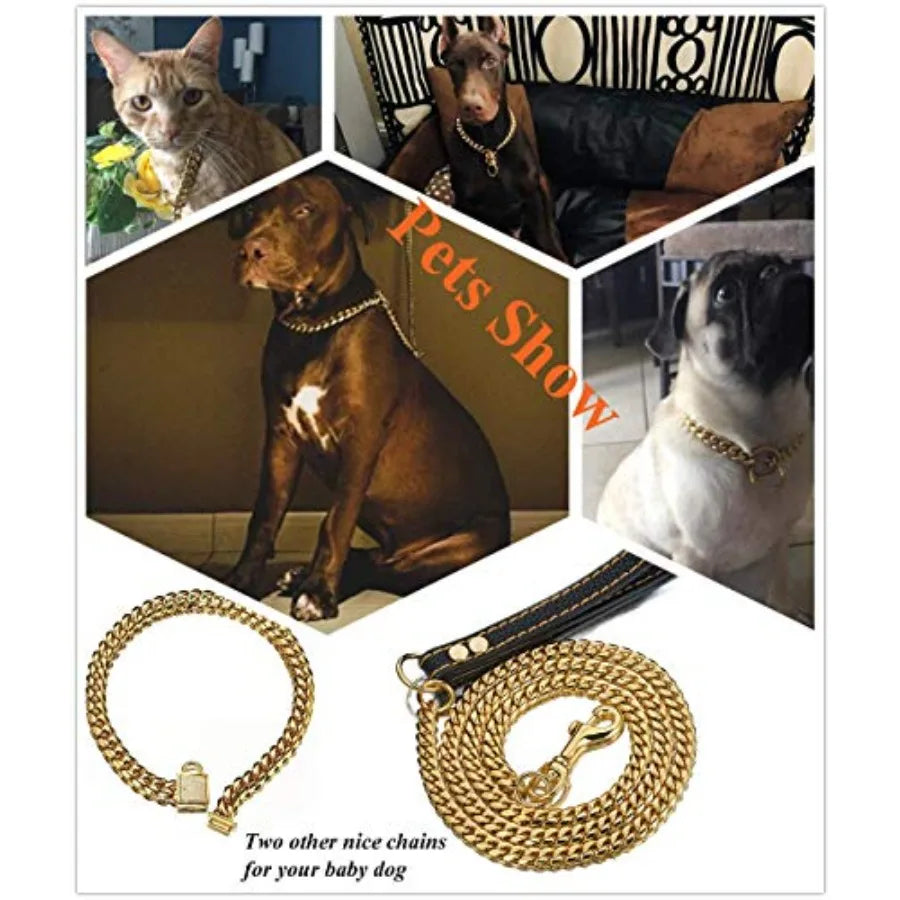Strong 18K Gold Plated Dog Chain Collar Stainless Steel Width 10mm12mm 15mm 18mm Cuban Link Choke Collar for Dog's Training Dai