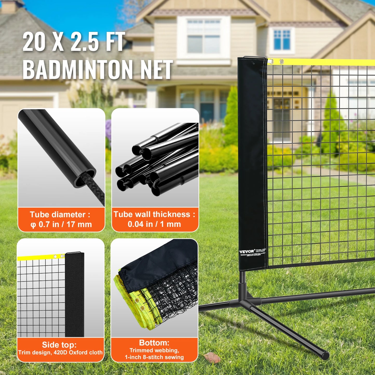 VEVOR 20FT Badminton Net Height Adjustable Volleyball Net Wide Foldable Pickleball Net Portable Tennis Net Set with Poles Stand