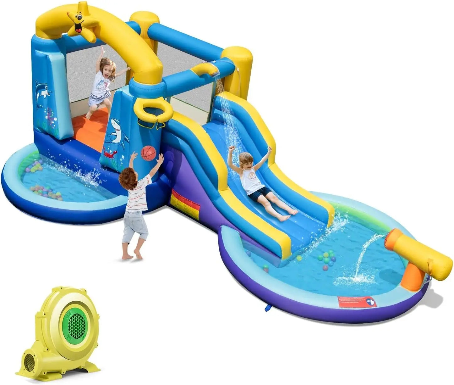 Inflatable Water Slide, Water Bounce House with Waterslide & Ball Pit Wet Dry for Kids Indoor Outdoor Party Family with 735w Blo