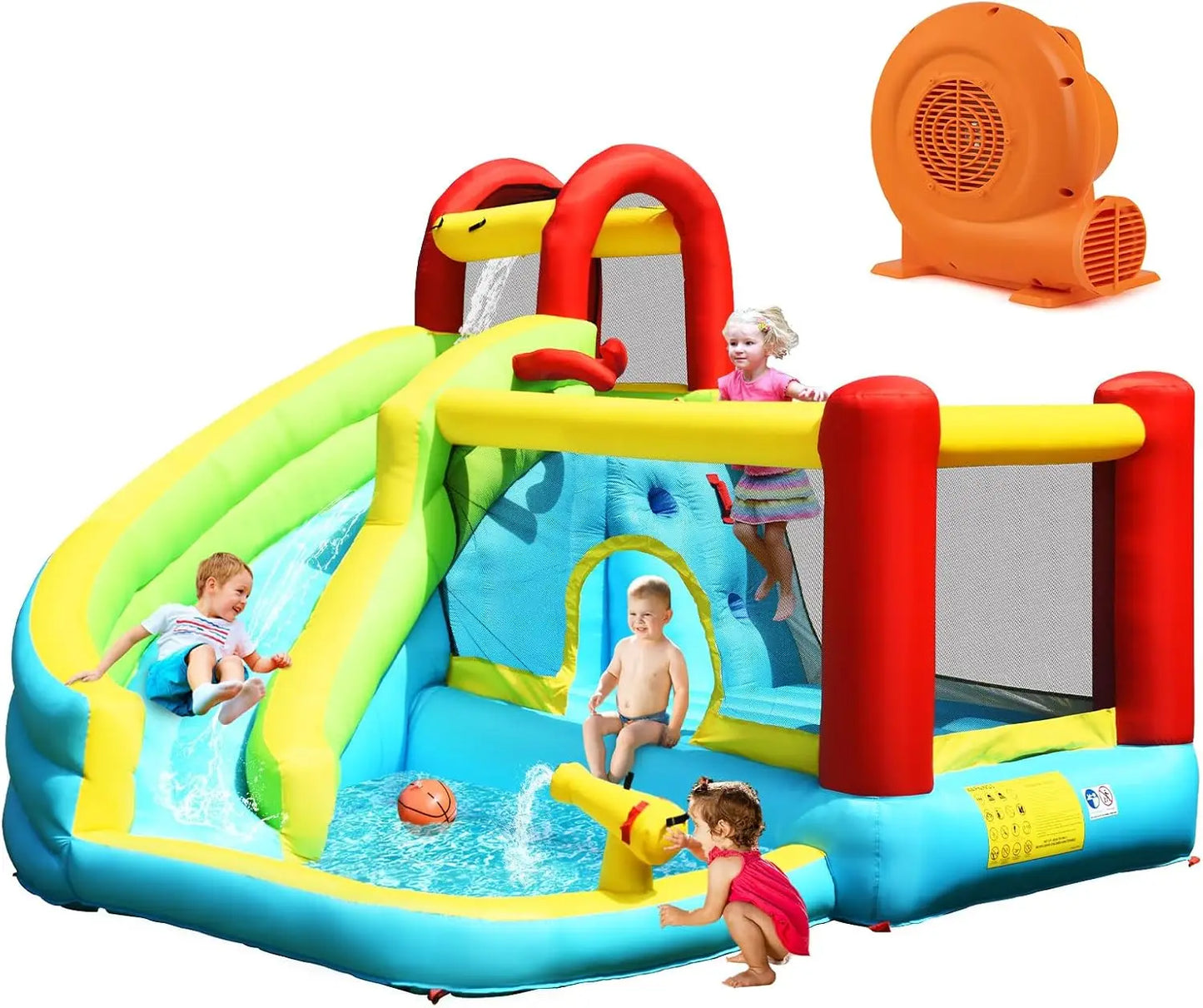 Inflatable Water Slide with 550W Blower, Water Park Waterslide Inflatables w/Jumping Bouncy Castle, Long Slide, Climbing Wall