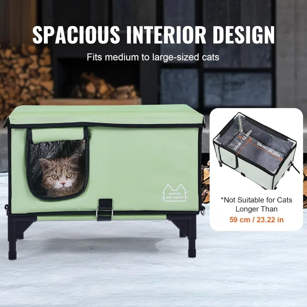 Elevated Heated Cat House, Cuboid Kitty Shelter, 900D Oxford Cloth Foldable Cat Shelter with Heated Pad for Winter to Stay Warm