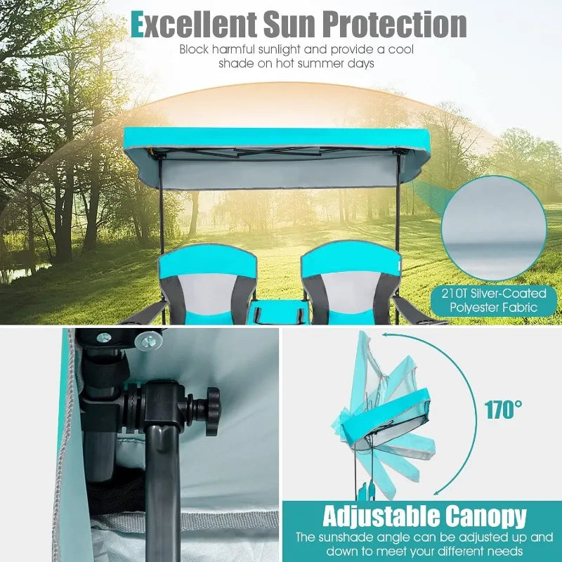 Tangkula Loveseat Camping Chair with Adjustable Shade Canopy,Portable Beach Chair,Carrying Bag,Foldable Double Lawn Chair (Navy)