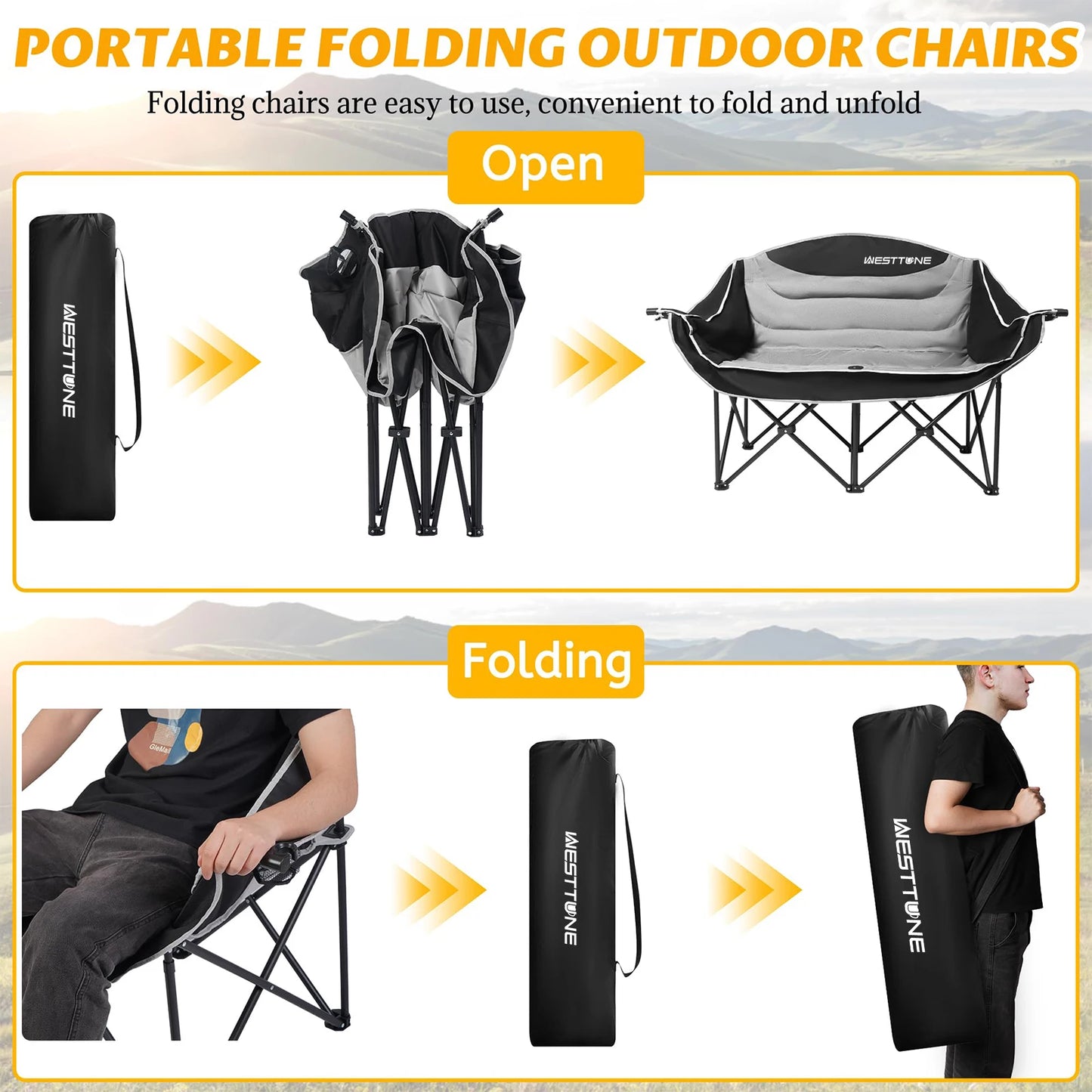 WESTTUNE Oversized Outdoor Couch Double Camping Chair Heavy Duty Outdoor Garden Folding Chair with Cup Holder Support 440 lbs