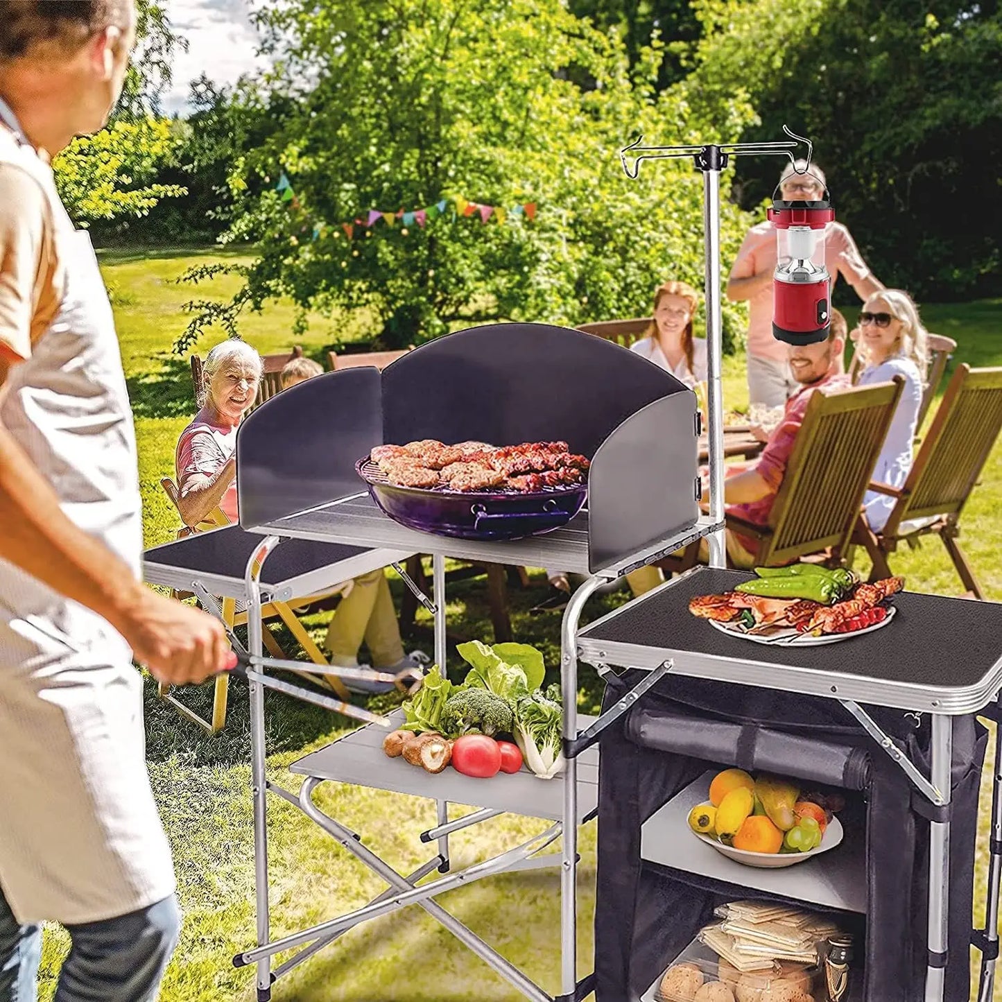 Folding Cooking Table Outdoor Portable Cook Station Aluminum Camping Kitchen with Storage Organizer Windscreen Hooks for BBQ Par