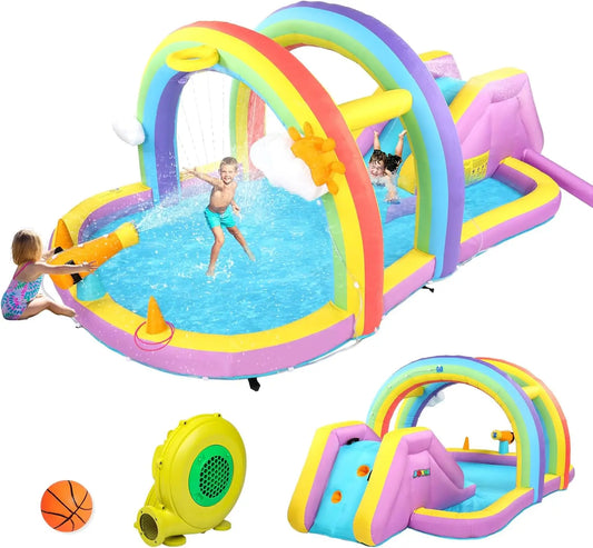 Inflatable Water Slide w/Climbing Wall, Water Cannon, Basketball Hoop, Kids Water Slide Bounce House w/Arch Sprinklers, 30s Blow
