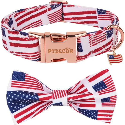 American Flag Dog Collar with Bow Tie Adjtable Patriotic 4th of July Pet Collars for Small Dogs Small