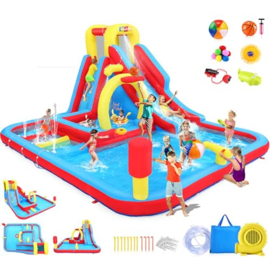 13x10FT Giant Inflatable Water Slide Obstacle Course for Kids w/Long Slide, Deep Pool, Climbing Wall, Boxing Game, Basketball Ri