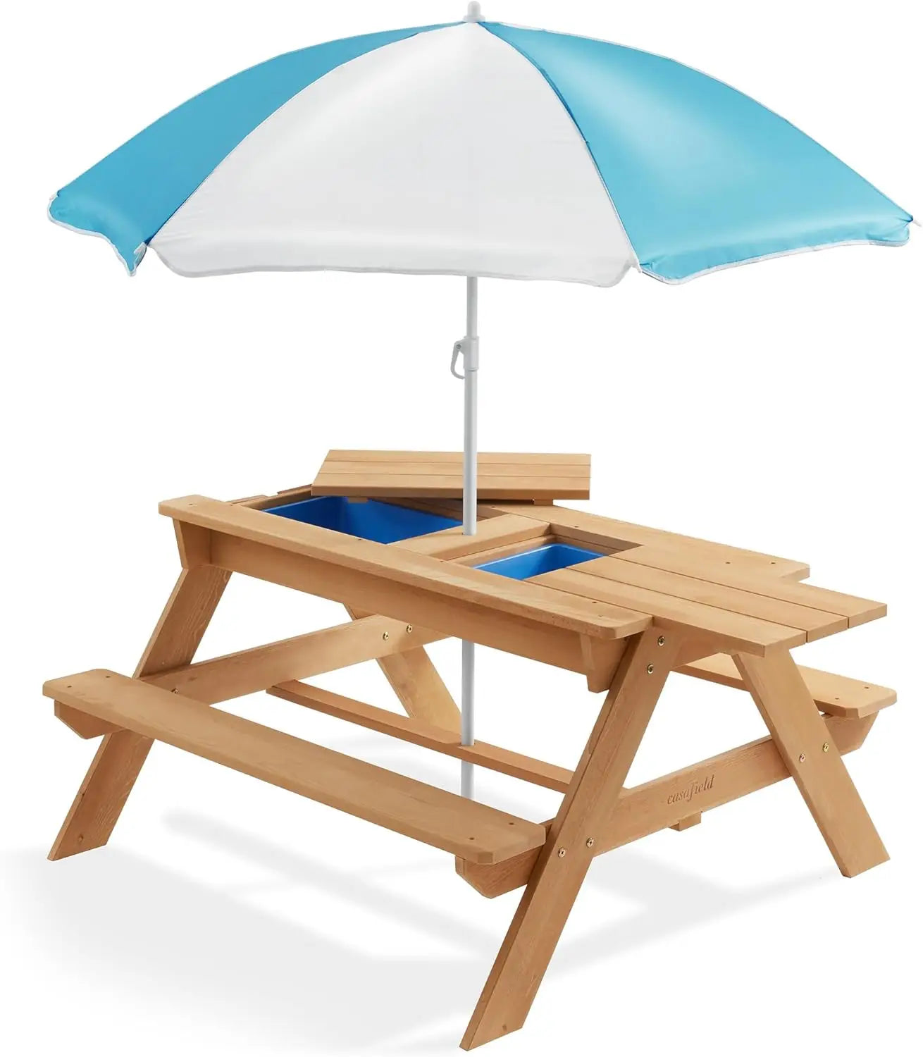 Children's Sand and Water Activity Table, 3-in-1 Wooden Outdoor Picnic Table with Umbrella, 2 Play Boxes and Removable Lid, Natu