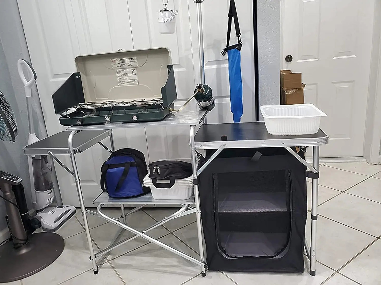 Folding Cooking Table Outdoor Portable Cook Station Aluminum Camping Kitchen with Storage Organizer Windscreen Hooks for BBQ Par