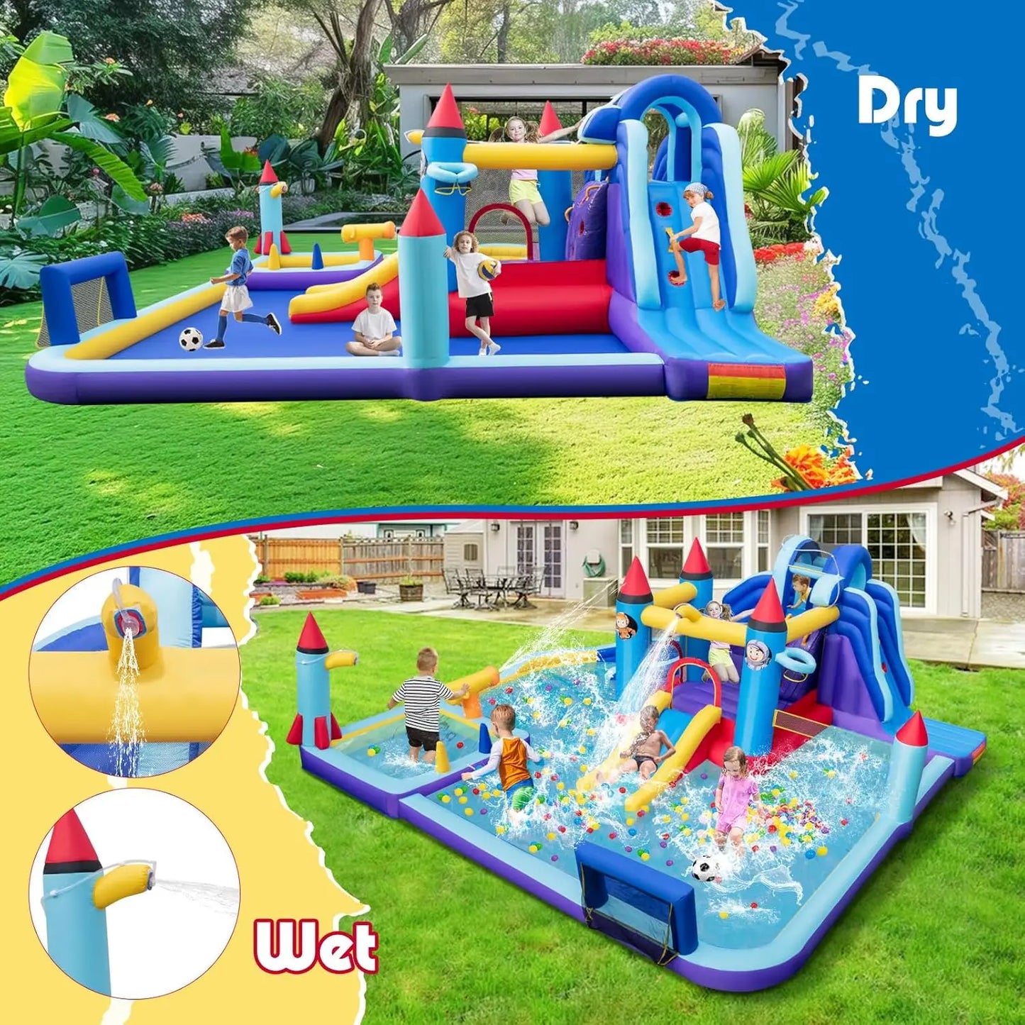 Inflatable Water Slide, Giant Waterslide Park Bounce House w/Dual Slides, Splash Pool, Volleyball & Football Goal, Blow Up Water
