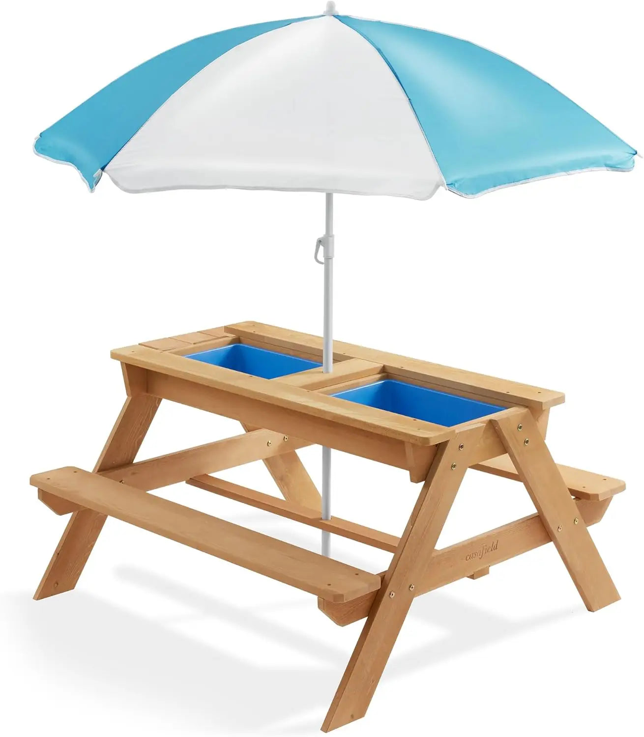 Children's Sand and Water Activity Table, 3-in-1 Wooden Outdoor Picnic Table with Umbrella, 2 Play Boxes and Removable Lid, Natu