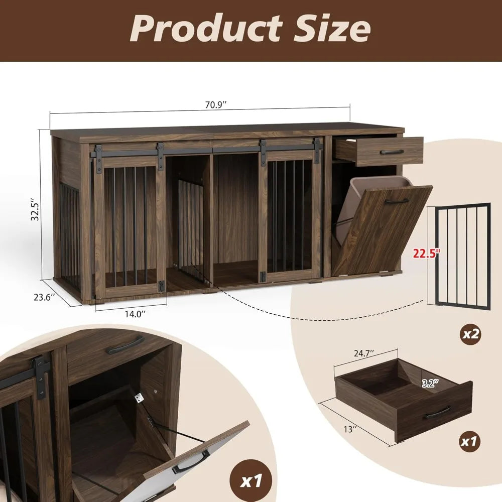 Large Wooden Double Dog Crate with Storage Drawers for 71 Inch, Suitable for Two Dogs