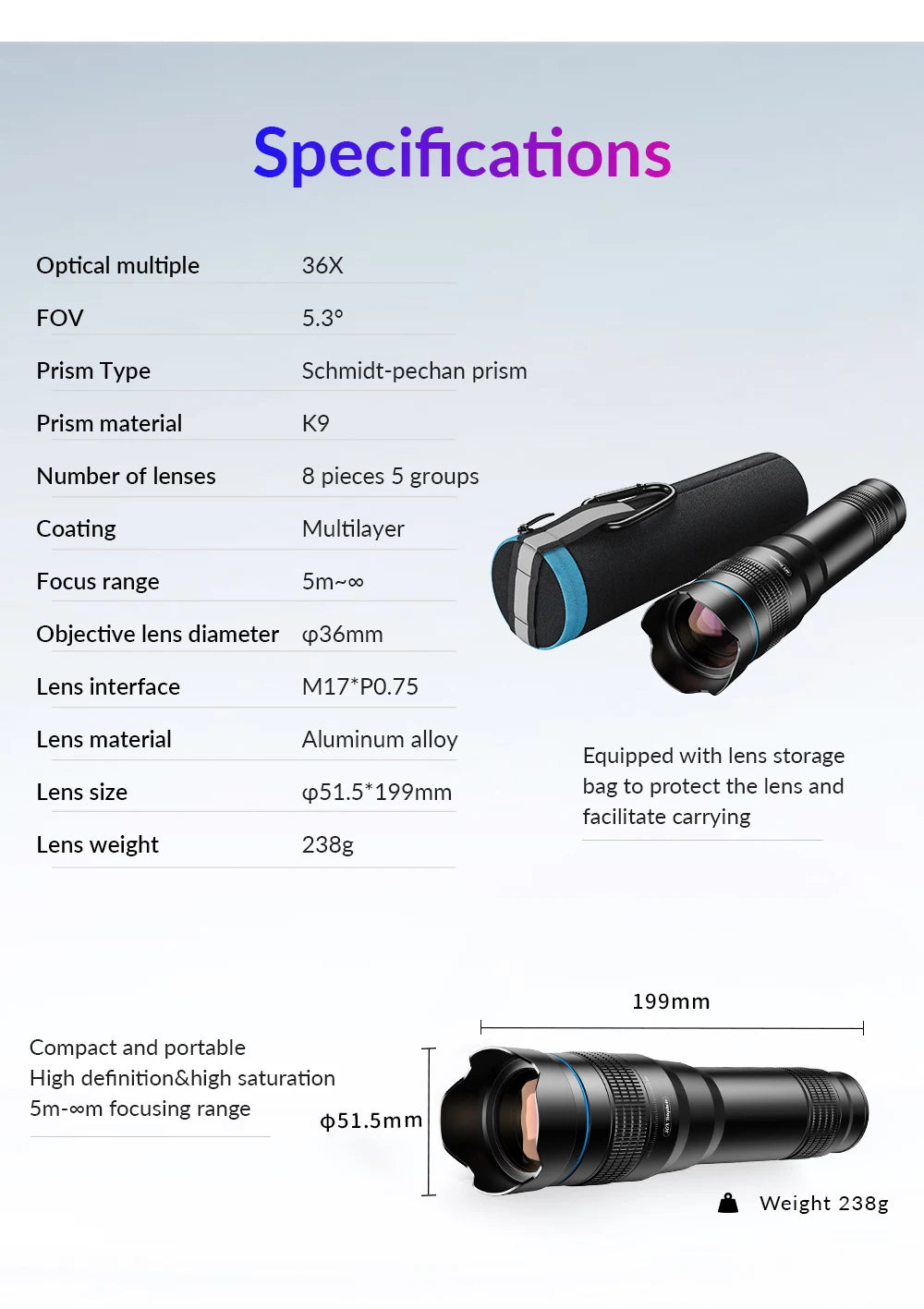 APEXEL 36X Metal Telephoto Lens with Tripod Zoom Telescope Monocular  for iPhone Samsung Shooting Birds Watching Concert Sports