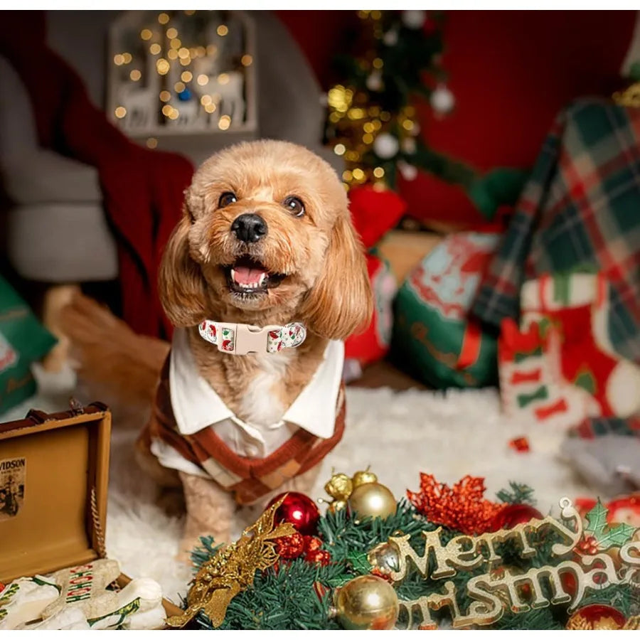 Christmas Dog Collar for Small DogsAdjtable Cotton White Snowflake Dog Collars Santa Cla Puppy Collar for Male Female Boy and G