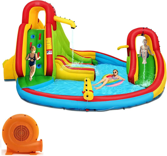 Inflatable Water Slide with 550w Blower, 7 in 1 Bouncy Inflatable Water Park w/Two Slides, Climbing Wall & Splash Pool, Hose