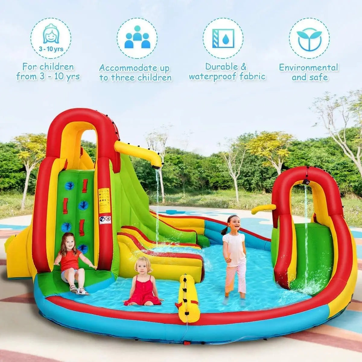 Inflatable Water Slide with 550w Blower, 7 in 1 Bouncy Inflatable Water Park w/Two Slides, Climbing Wall & Splash Pool, Hose