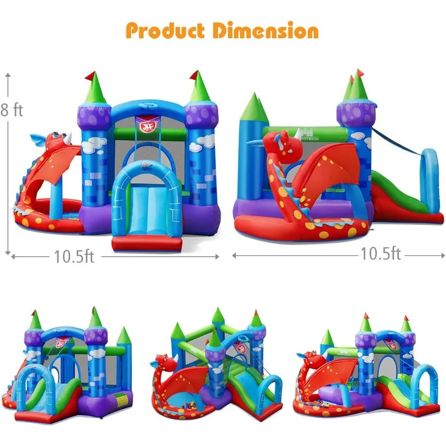 Inflatable Bounce House, Dragon Bouncy House for Kids Indoor Outdoor Party w/Jump Area, Basketball Rim, Toddler Jump Castle Boun