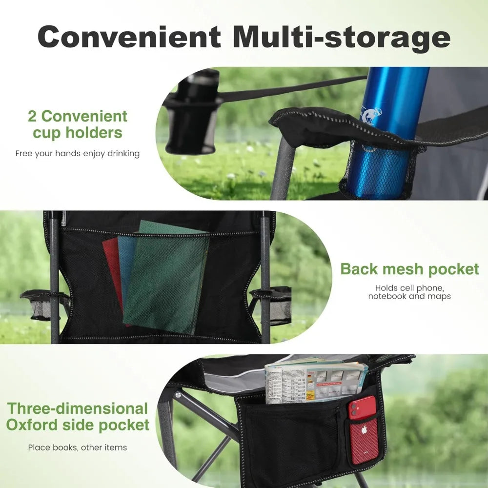 Heavy-Duty Outdoor Folding Chair with Cup Holder and Storage, Supports Up to 350 LBS, Comfortable Armchair for Camping and Outdo