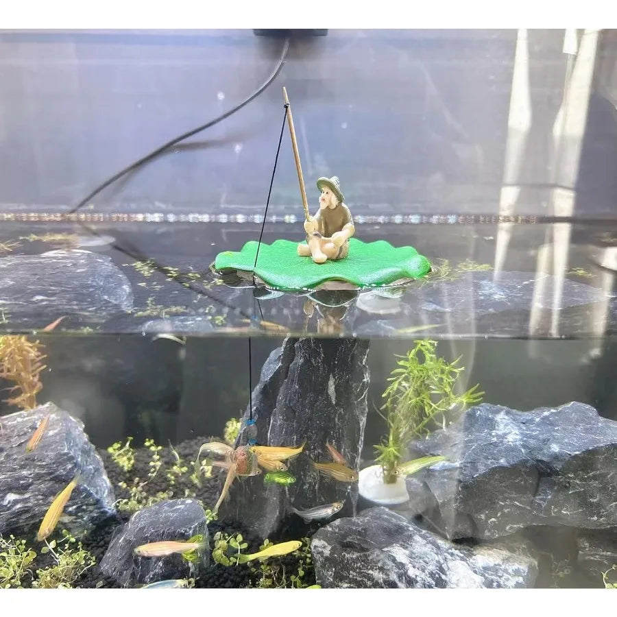 Floating Fish Tank DecorationCute Mini Fisherman Aquarium Decoration Fish Tank Accessorie Fish Toy for Betta Cichlid Goldfish S