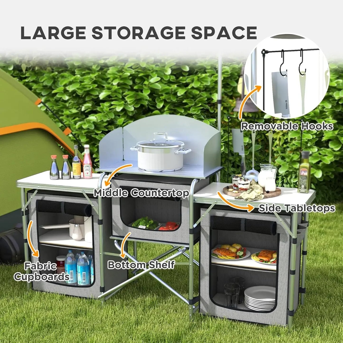 Camping Kitchen Table, Portable Folding Camp Kitchen, Aluminum Cook Station with 3 Fabric Cupboards, Windshield, Carrying Bag