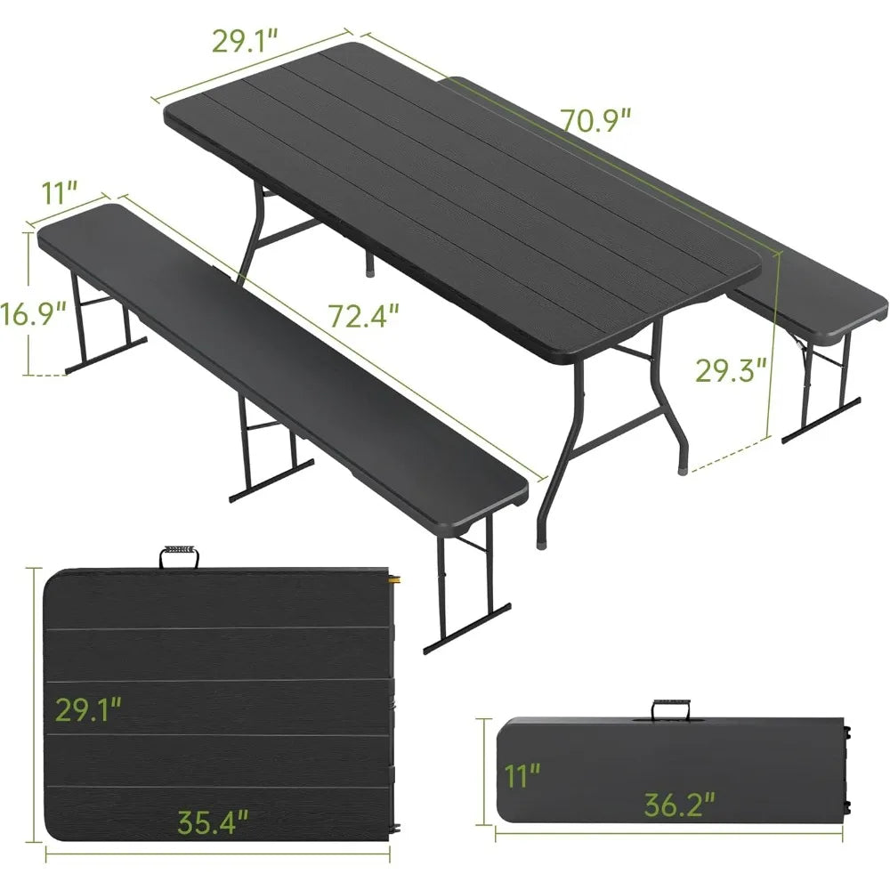 6 Foot Folding Picnic Table Set with Two Benches, Portable Black HDPE Wood-Grain Outdoor Camping Furniture