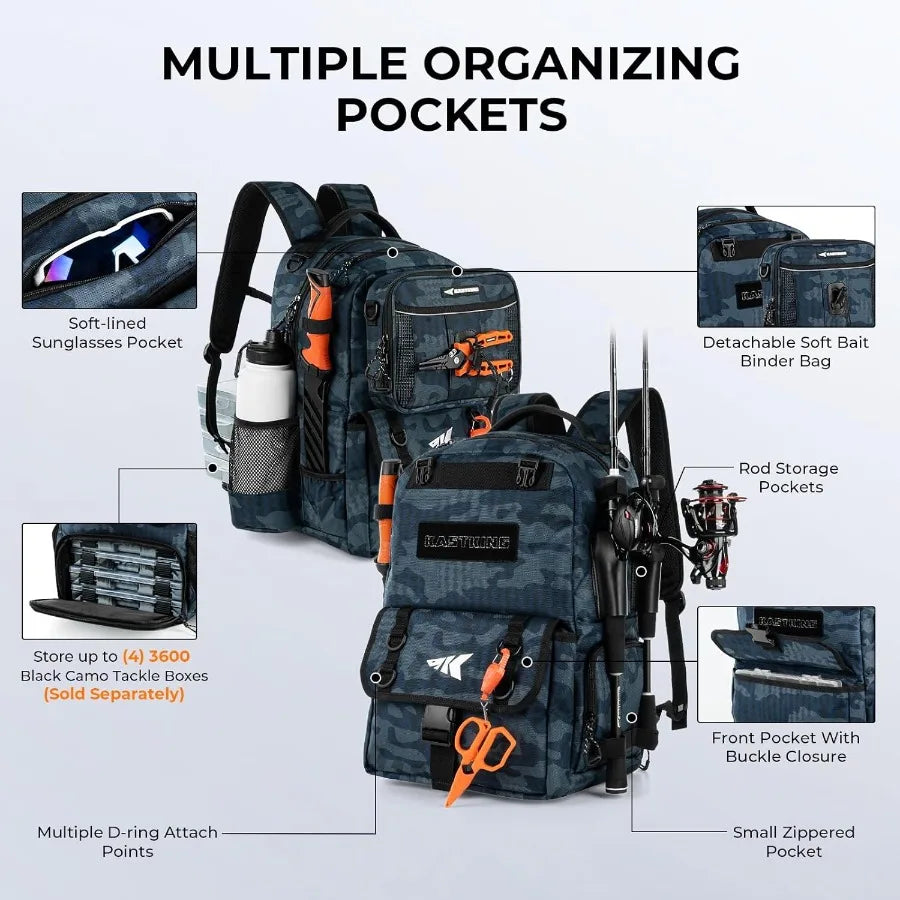 BaitSpace 50L Fishing Tackle Backpack with Removable Bait Binder 2 Rod Holders Durable Storage for Fishing Gear and Equipment I