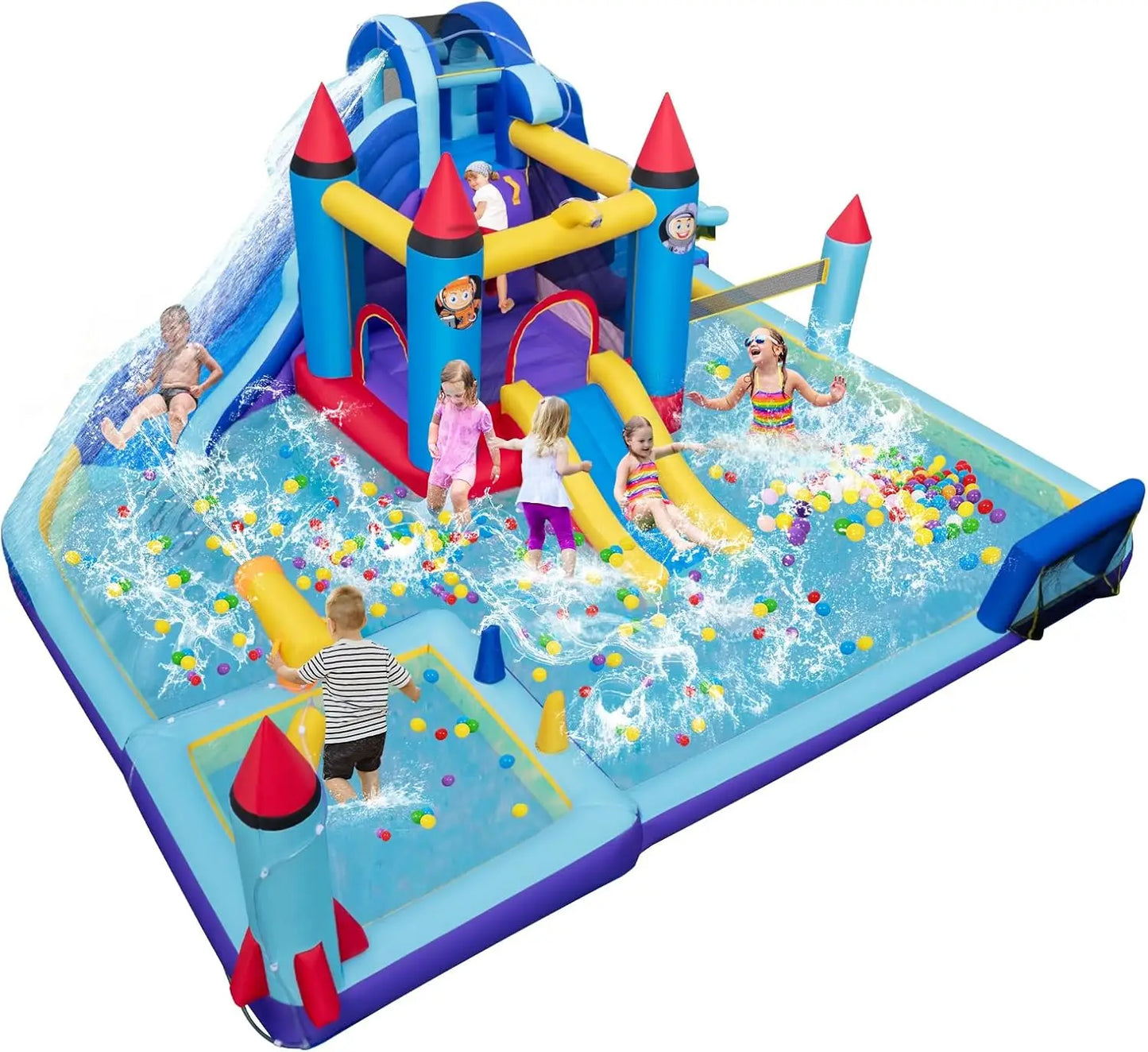 Inflatable Water Slide, Giant Waterslide Park Bounce House w/Dual Slides, Splash Pool, Volleyball & Football Goal, Blow Up Water