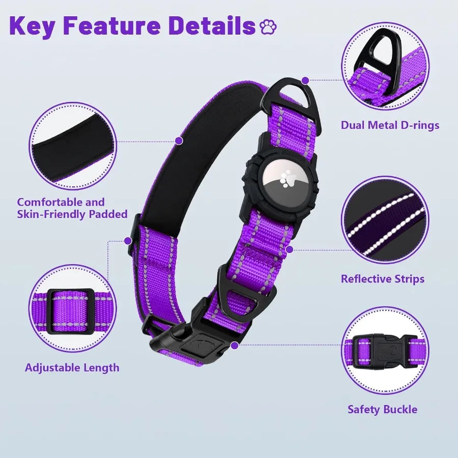 Reflective AirTag Dog Collar with Airtag Holder Dual DRings Safety Locking Buckle Durable Adjustable Soft Padded for Medium Dog