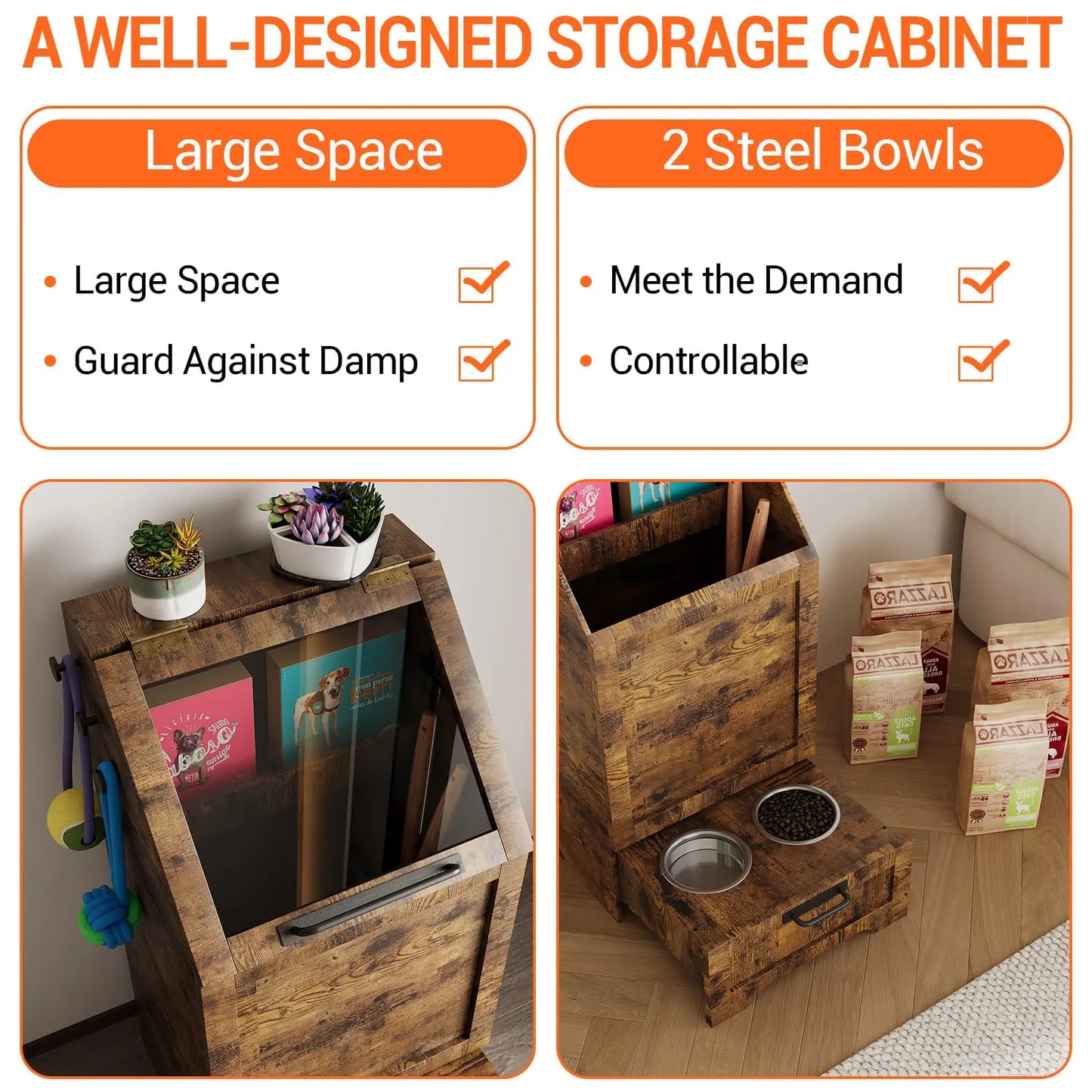 Large Dog Food Storage Cabinet with Flip Top - Pet Feeding Station & Organizer w/Transparent Lid, Side Hooks for Leashes - Multi