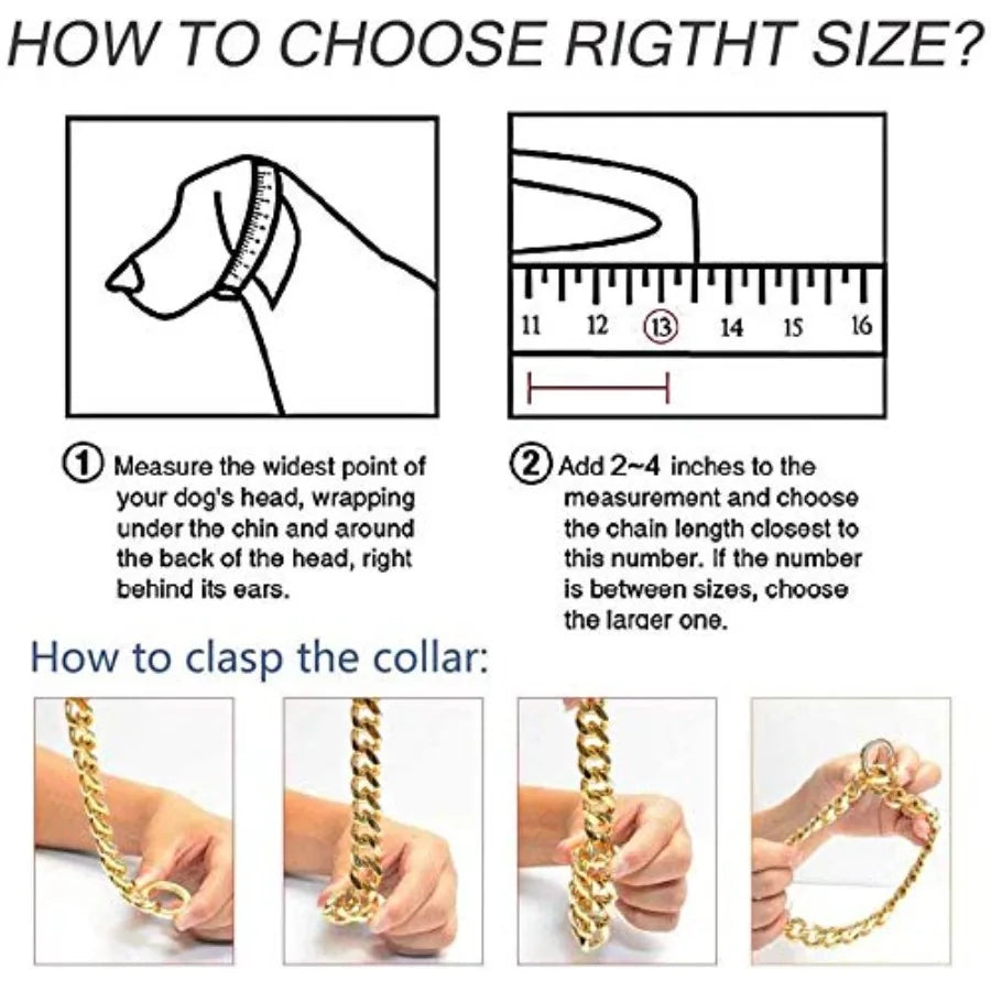 Strong 18K Gold Plated Dog Chain Collar Stainless Steel Width 10mm12mm 15mm 18mm Cuban Link Choke Collar for Dog's Training Dai