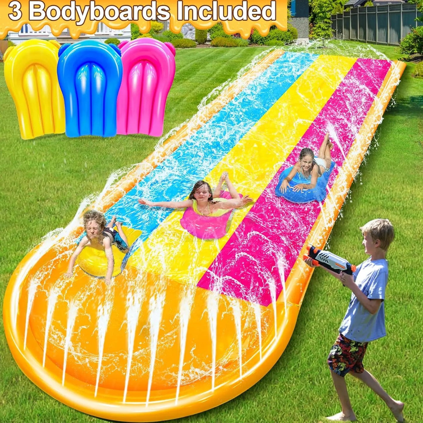 [ 3 Sided Safe Fence ] Extra Width Triple Slip Water Slide with 3-Way Sprinklers, Backyard Lawn Water Slides and 3 Bodyboards wi