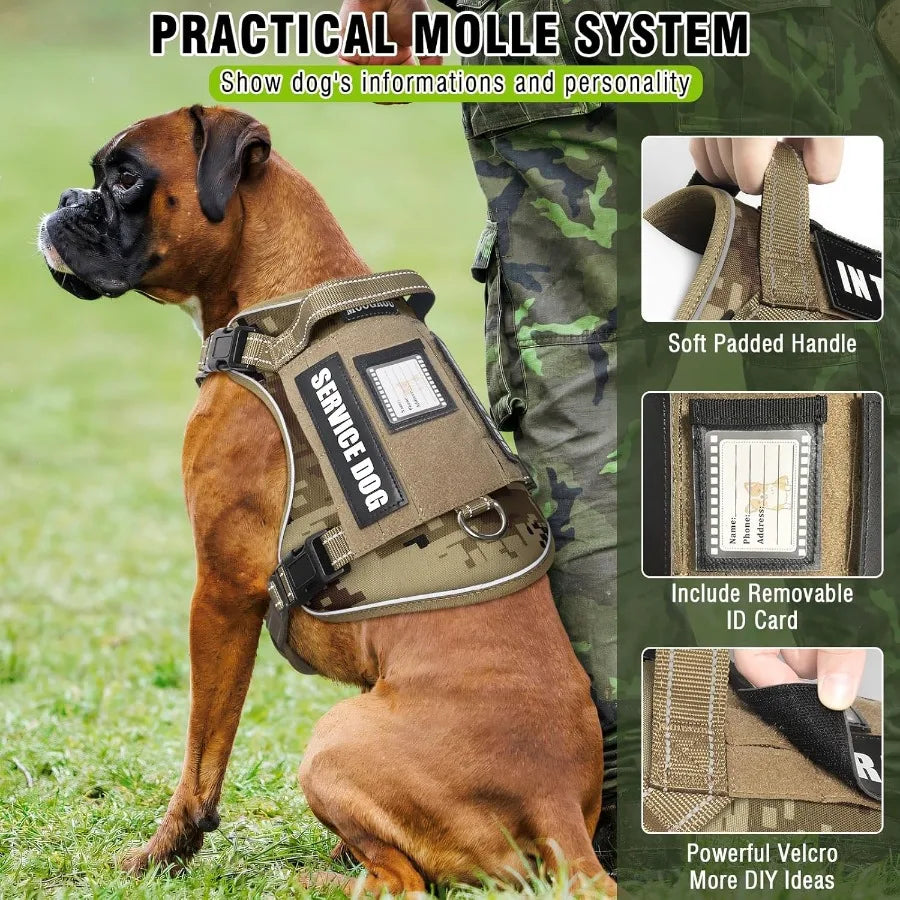 Tactical Dog Harness and Leash Set for Large Dogs: Heavy Duty No Pull Service Dog Vest with 10 Patches Reflective Adjustable Pe