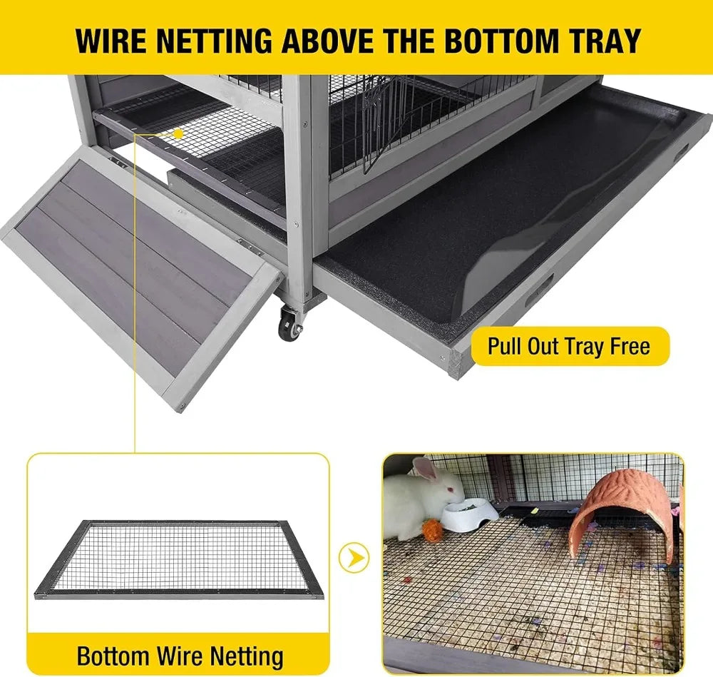 Rabbit Hutch Indoor Outdoor Bunny Hutch Pull Out Tray Guinea Pig Cage with Bottom Wire-Netting, On Wheels