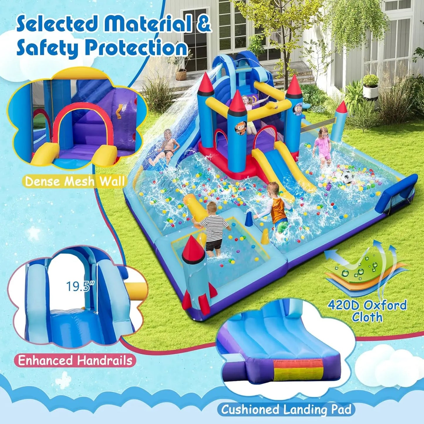 Inflatable Water Slide, Giant Waterslide Park Bounce House w/Dual Slides, Splash Pool, Volleyball & Football Goal, Blow Up Water
