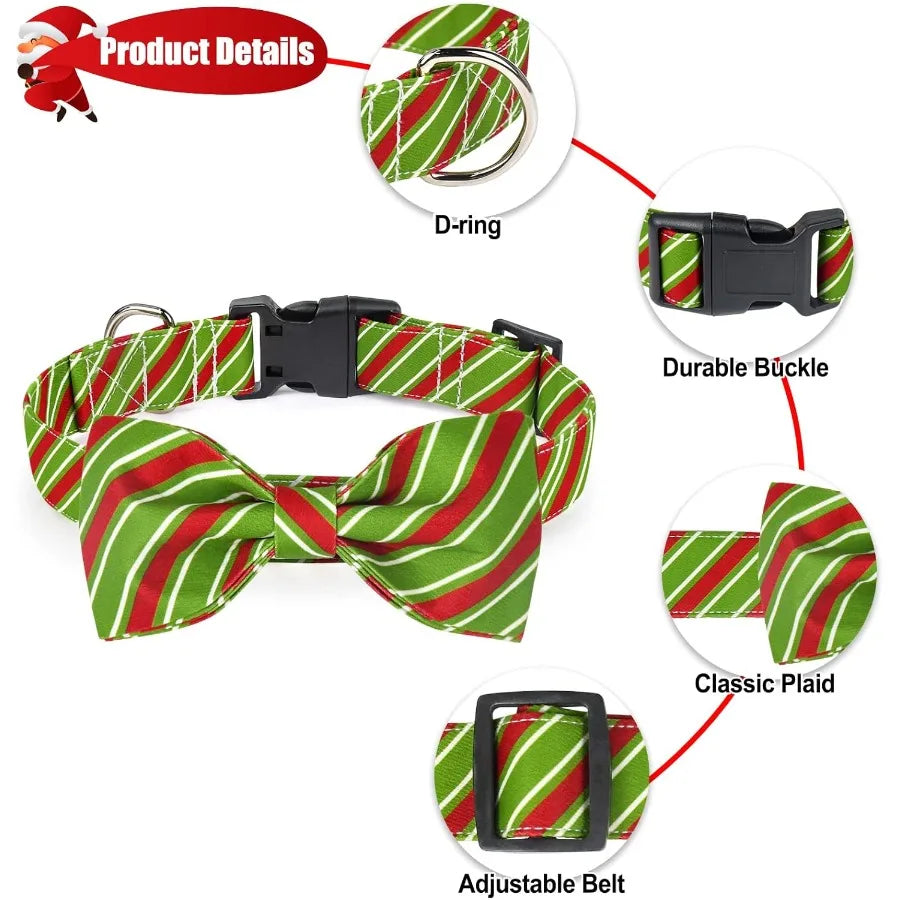 2 Pack Christmas Collar with Bowtie Classic Stripe Dog Christmas Collar for Girl and Boy Cute Adjustable Collars for Small Medi