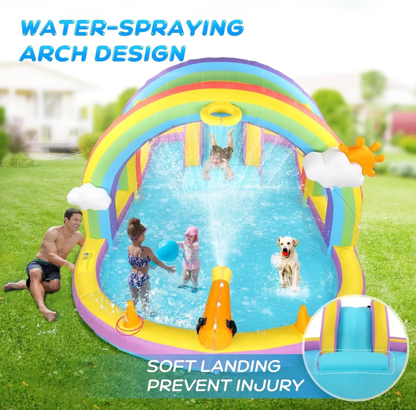 Inflatable Water Slide w/Climbing Wall, Water Cannon, Basketball Hoop, Kids Water Slide Bounce House w/Arch Sprinklers, 30s Blow