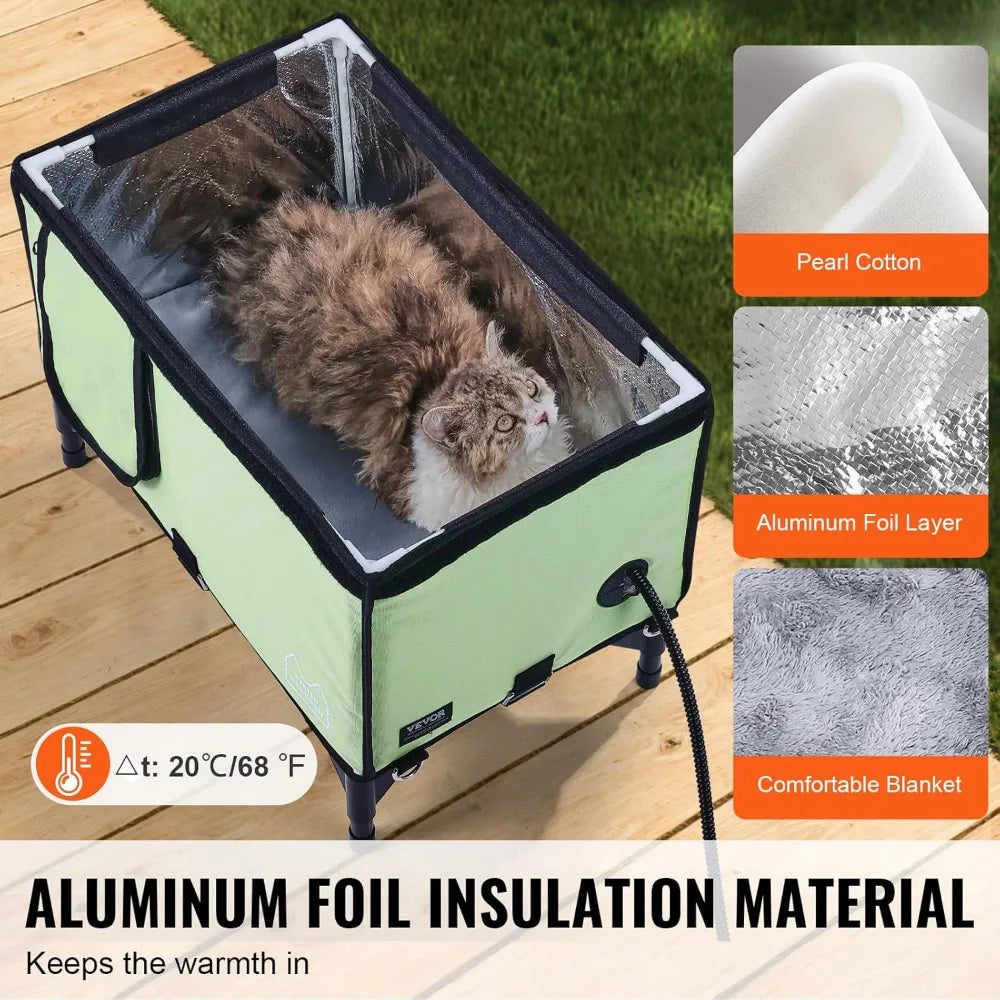 Elevated Heated Cat House, Cuboid Kitty Shelter, 900D Oxford Cloth Foldable Cat Shelter with Heated Pad for Winter to Stay Warm