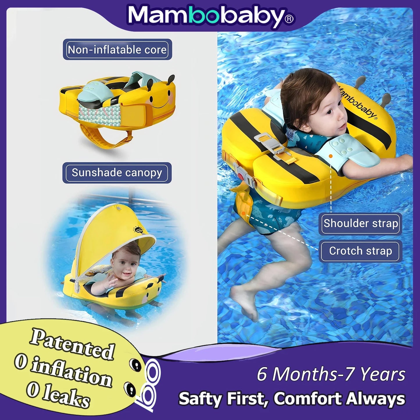 Baby Float With Crotch Strap & Inflation-free Solid Core Mambobaby Kid Swimming Ring Have Sunshade 0-7 Yeas Old Swim Pool Tube