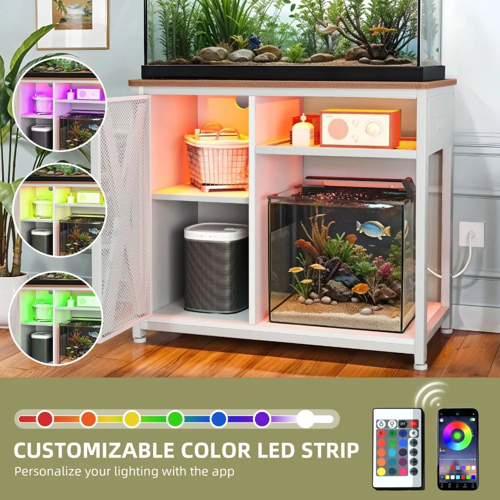 50 Gallon Fish Tank Stand LED Aquarium Cabinet w/ Shelves & Electrical Outlets