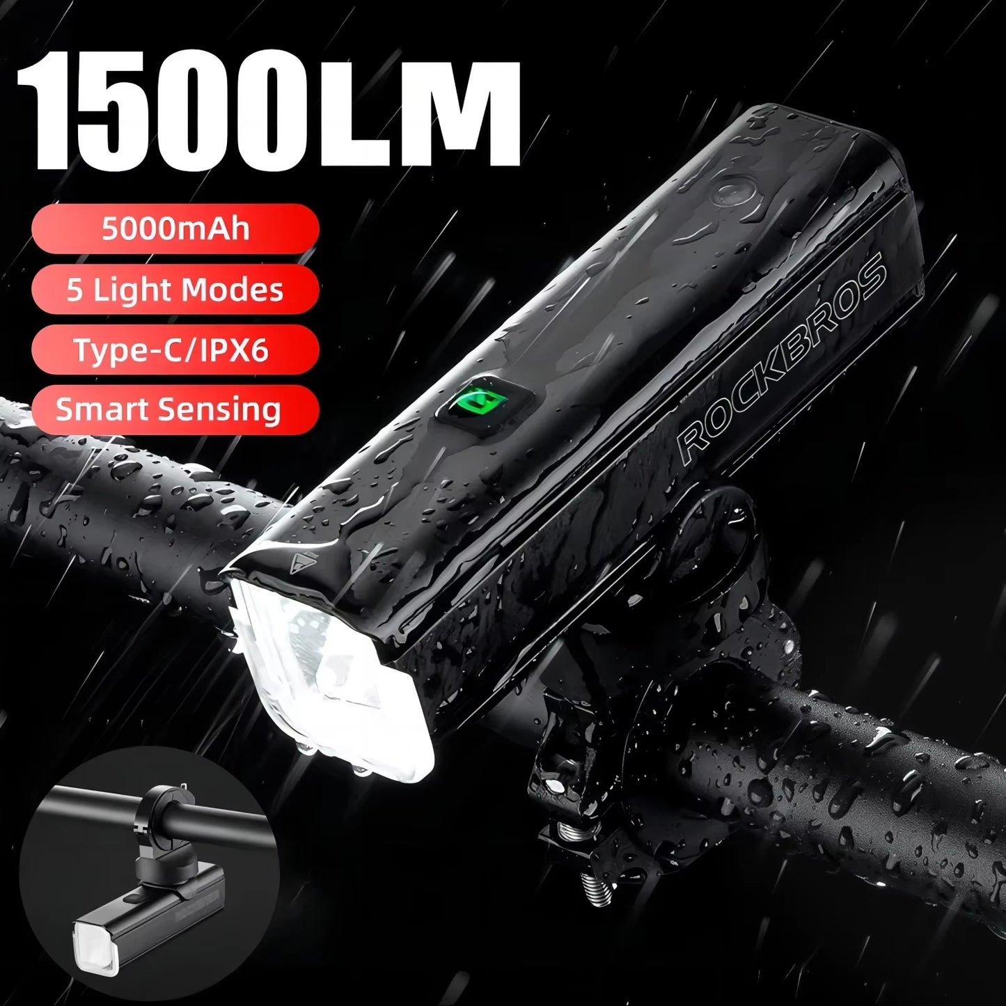 ROCKBROS Bicycle Light 1500LM 5000mAh Type-C Charging Bike Light Smart IPX6 Aluminum Alloy Light Front Lamp Cycling Headlight