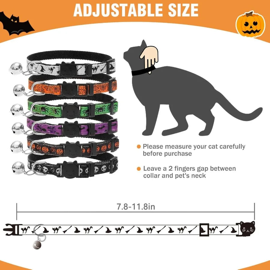 Halloween Cat Collar with Bell 6 Packs Breakaway Soft Adjustable Kitten Kitty Collars for Small Pet Puppy Bunny with Safety Rel