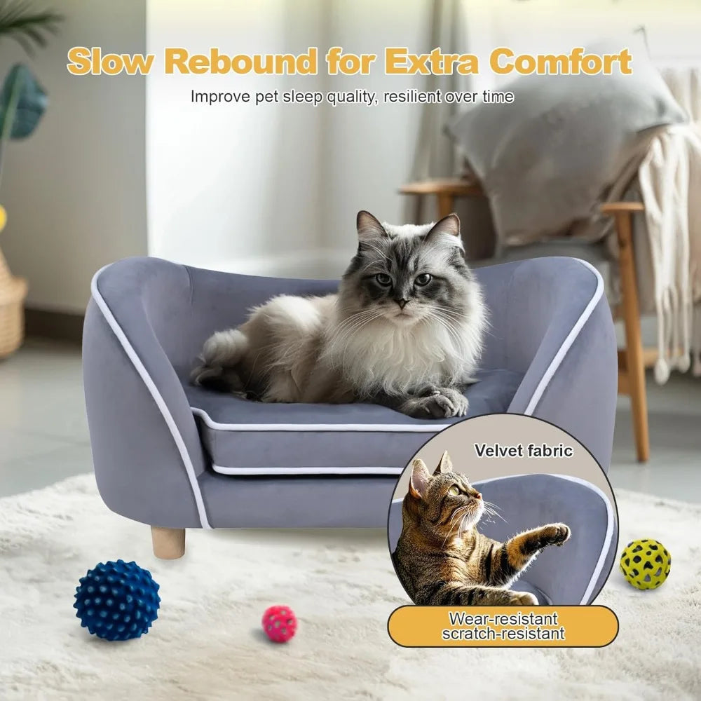 "gray 27-inch pet sofa with cushion, removable cover and wooden legs for small dogs and cats"