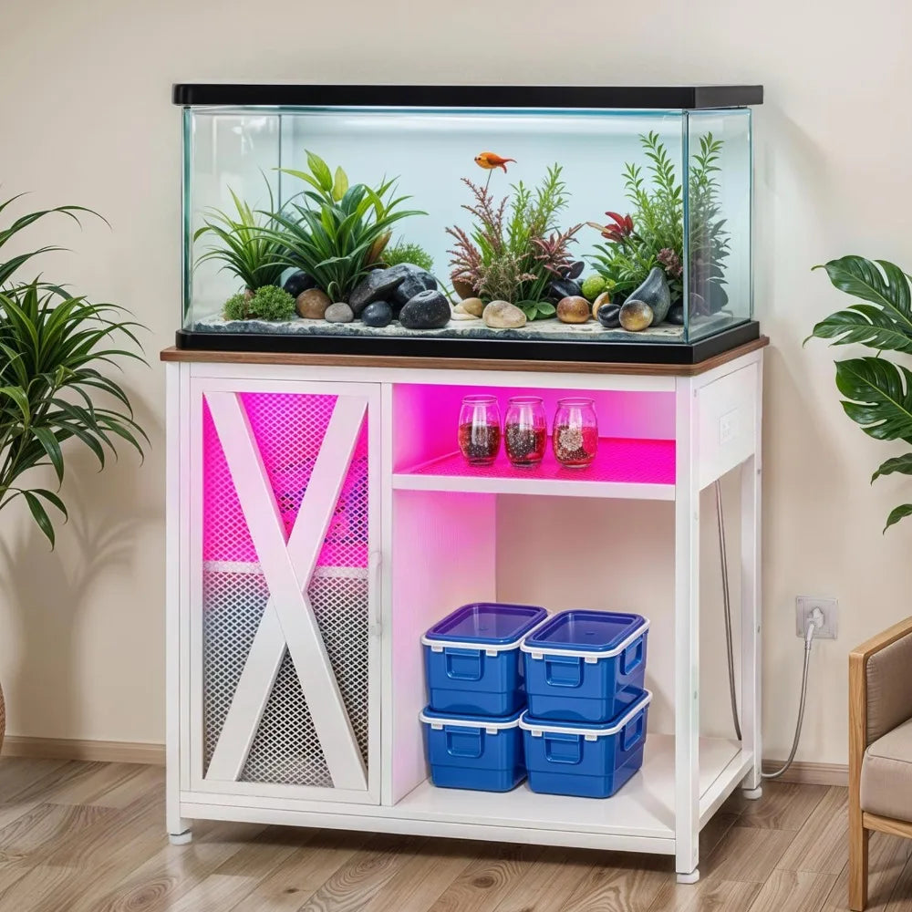 50 Gallon Fish Tank Stand LED Aquarium Cabinet w/ Shelves & Electrical Outlets