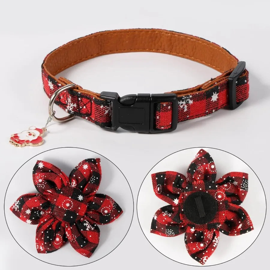 2pcs Christmas Dog Collar with Flower Adjtable Plaid Dog Collar Detachable Holiday Dog Collars with Pendant Snowflake Pet Chris